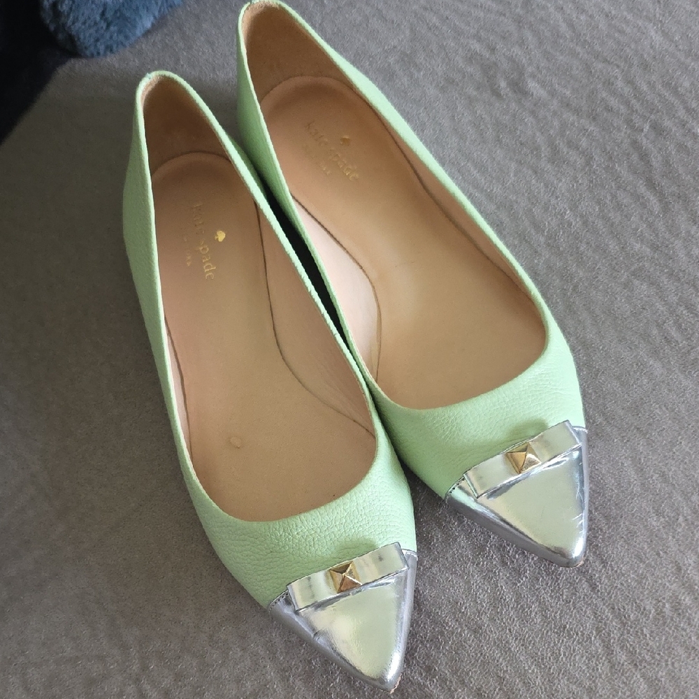 kate spade Mint Green Pointed Toe Flats with Silver Cap Detail